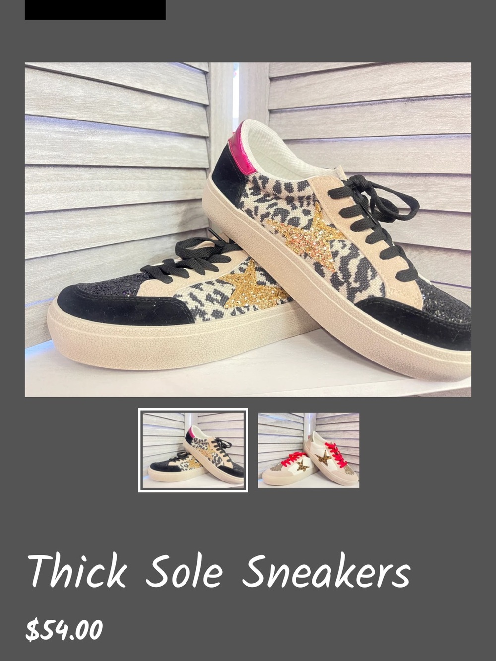 Leopard Print Thick Sole Sneakers with Gold Star Accent - Black & Pink 6 1/2